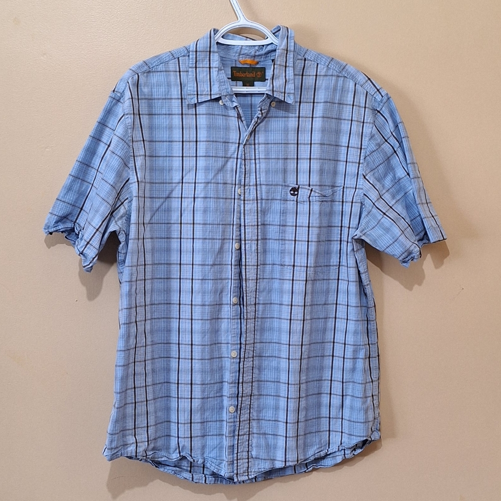 Timberland Short Sleeve Blue Plaid Button Down Shirt